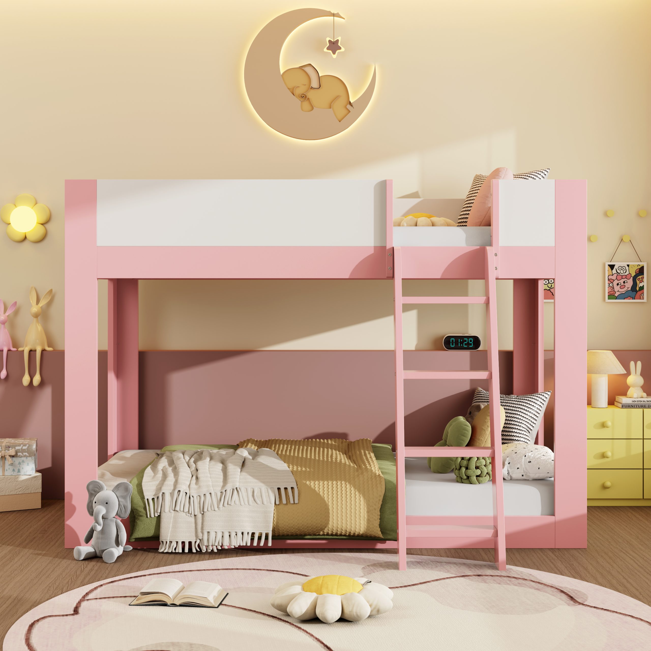 Twin Size Low Convertible Bunk Bed With Reversible Ladder And Safety Guardrails