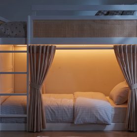Full Size Bunk Bed with 3-Tier Storage Shelf, Rattan Decor, Privacy Curtains & Lights