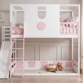 Full Size Kids Loft Bed With Slide, Storage Shelves And Guardrails