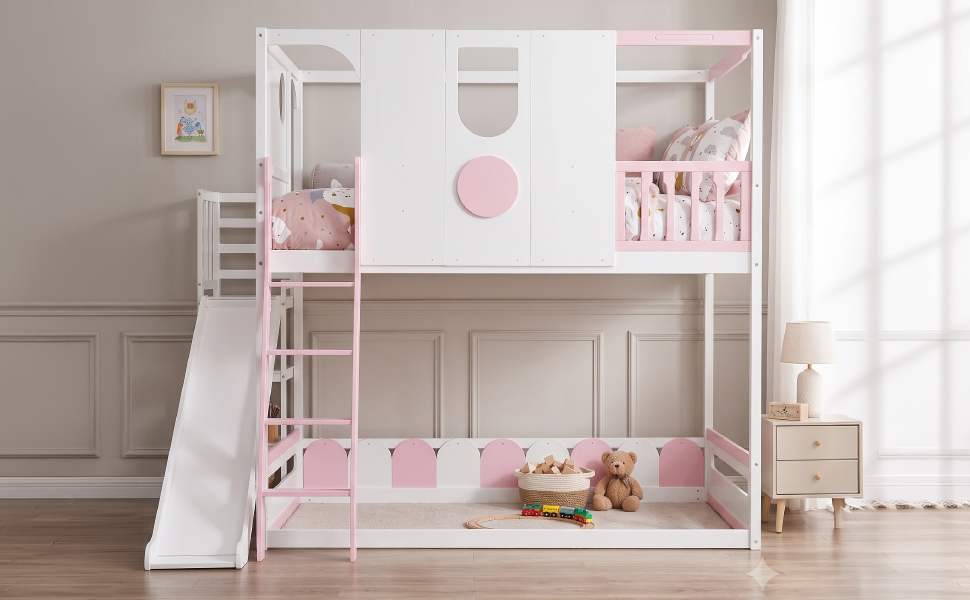 Full Size Kids Loft Bed With Slide, Storage Shelves And Guardrails
