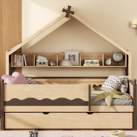 Twin Size House-Shaped Daybed with Built-In Bookshelf and Trundle