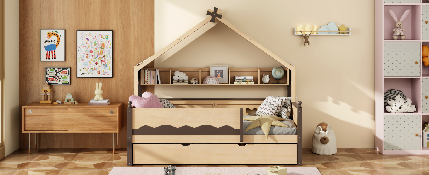 Twin Size House-Shaped Daybed with Built-In Bookshelf and Trundle