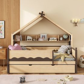 Twin Size House-Shaped Daybed with Built-In Bookshelf and Trundle