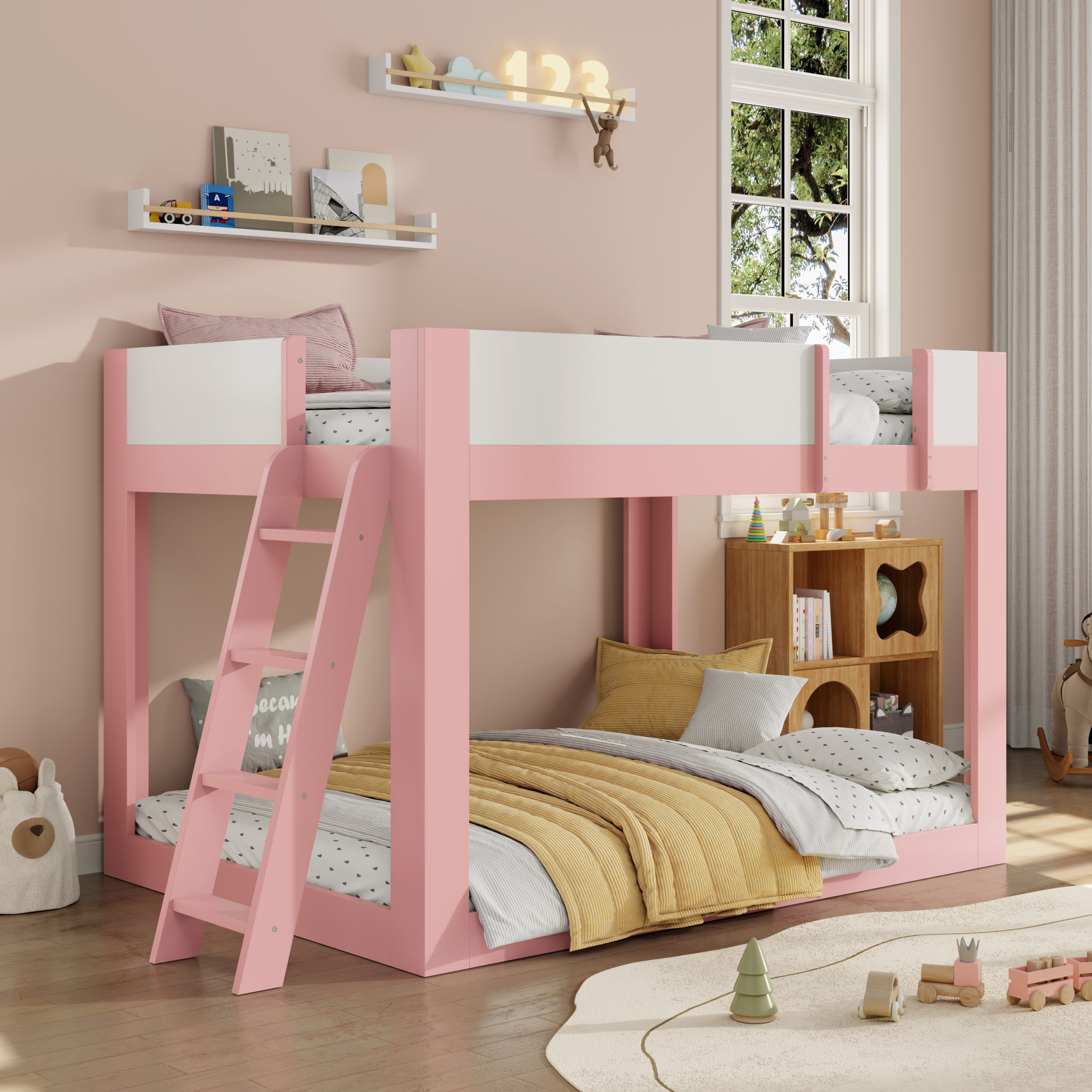 Full Size Low Convertible Bunk Bed With Reversible Ladder And Safety Guardrails