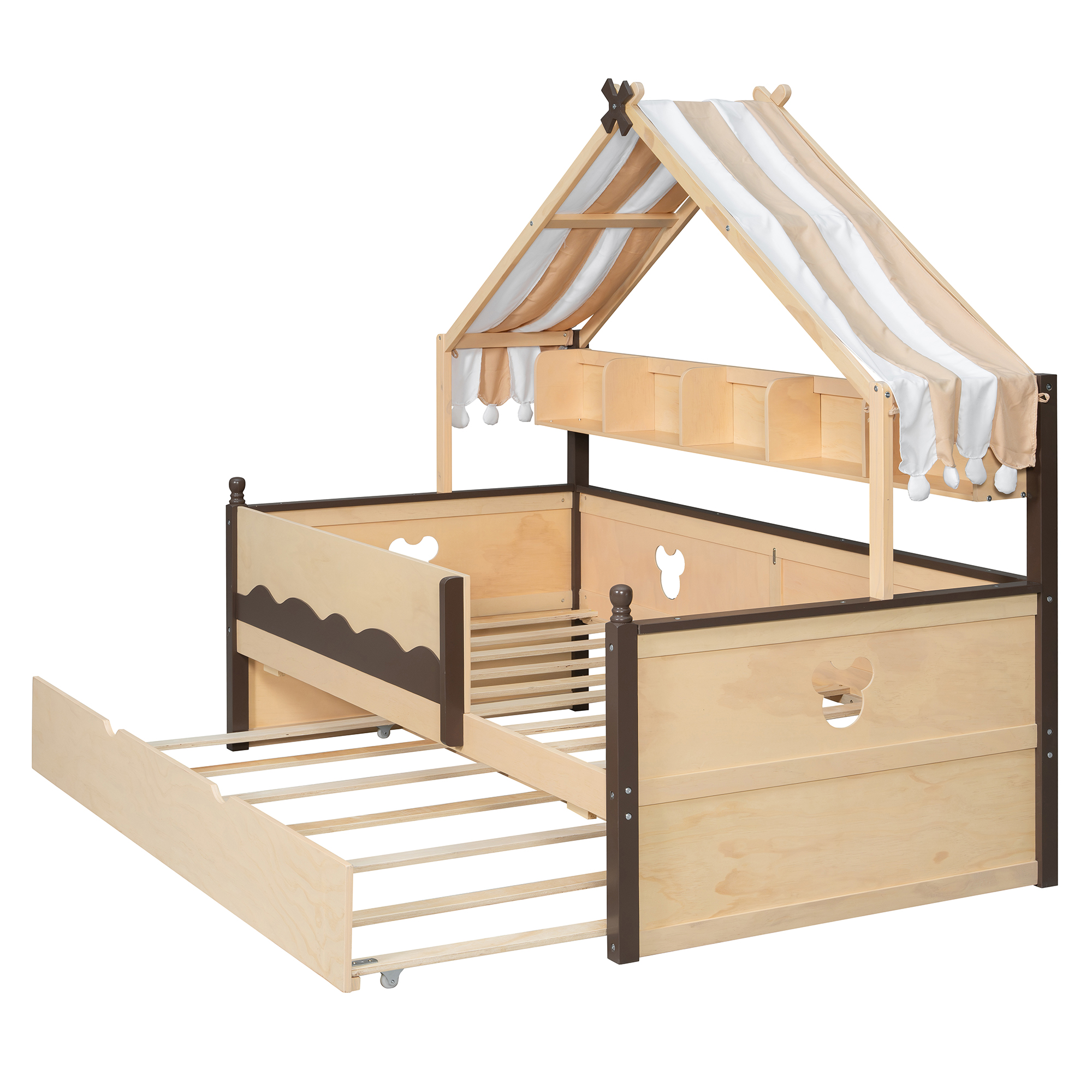 Twin Size House-Shaped Daybed with Built-In Bookshelf and Trundle