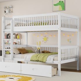 Twin Over Twin Pine Wood Bunk Bed With 2 Drawers, Convertible into 2 Twin Beds
