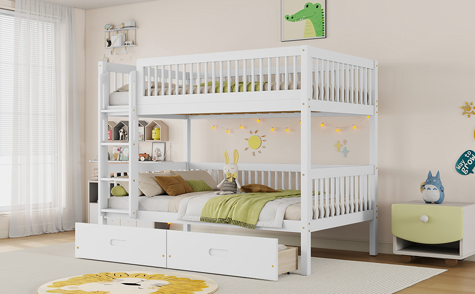 Twin Over Twin Pine Wood Bunk Bed With 2 Drawers, Convertible into 2 Twin Beds