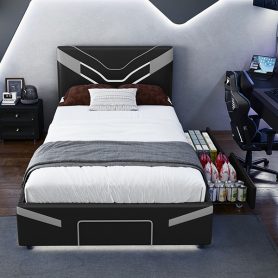Twin Size Upholstered Gaming Bed Frame with LED Lights