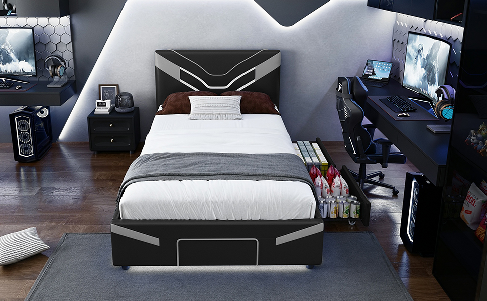 Twin Size Upholstered Gaming Bed Frame with LED Lights