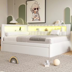 Upholstered Full Size Platform Bed with Trundle, USB Ports and LED Belt