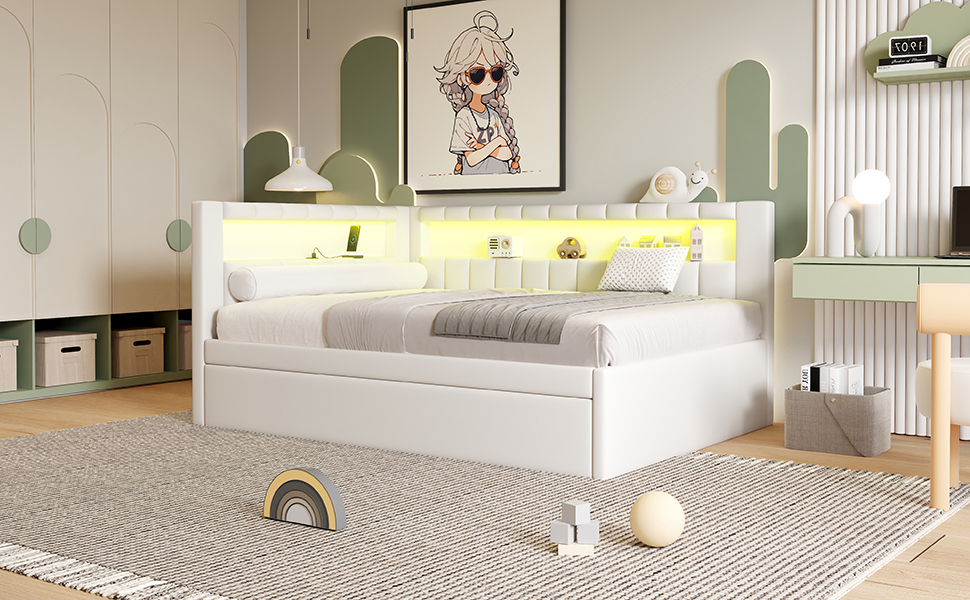 Upholstered Full Size Platform Bed with Trundle, USB Ports and LED Belt