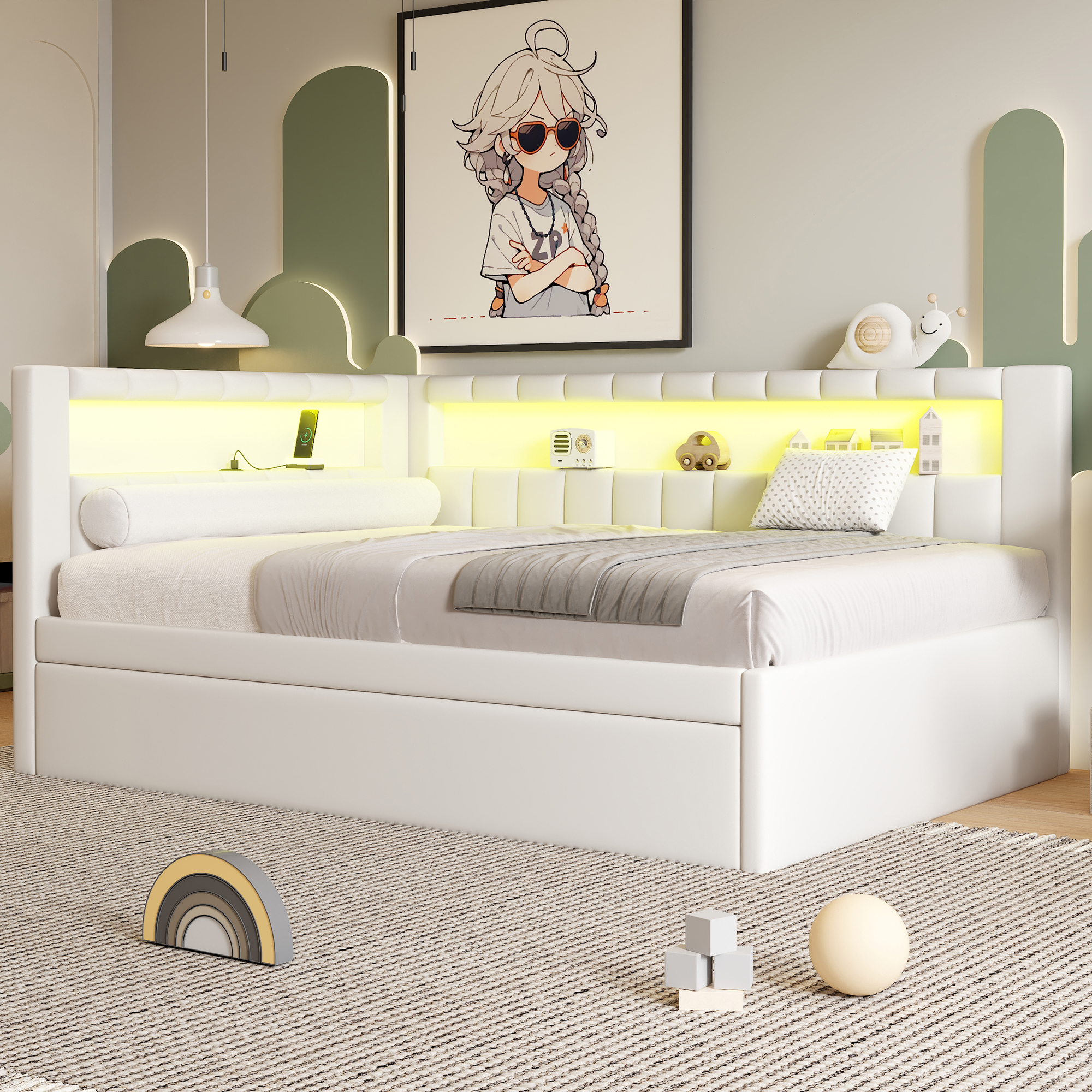 Upholstered Full Size Platform Bed with Trundle, USB Ports and LED Belt