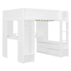 Full Size Solid Wood Loft Bed With L-Shaped Desk, Storage Cabinet and Wardrobe
