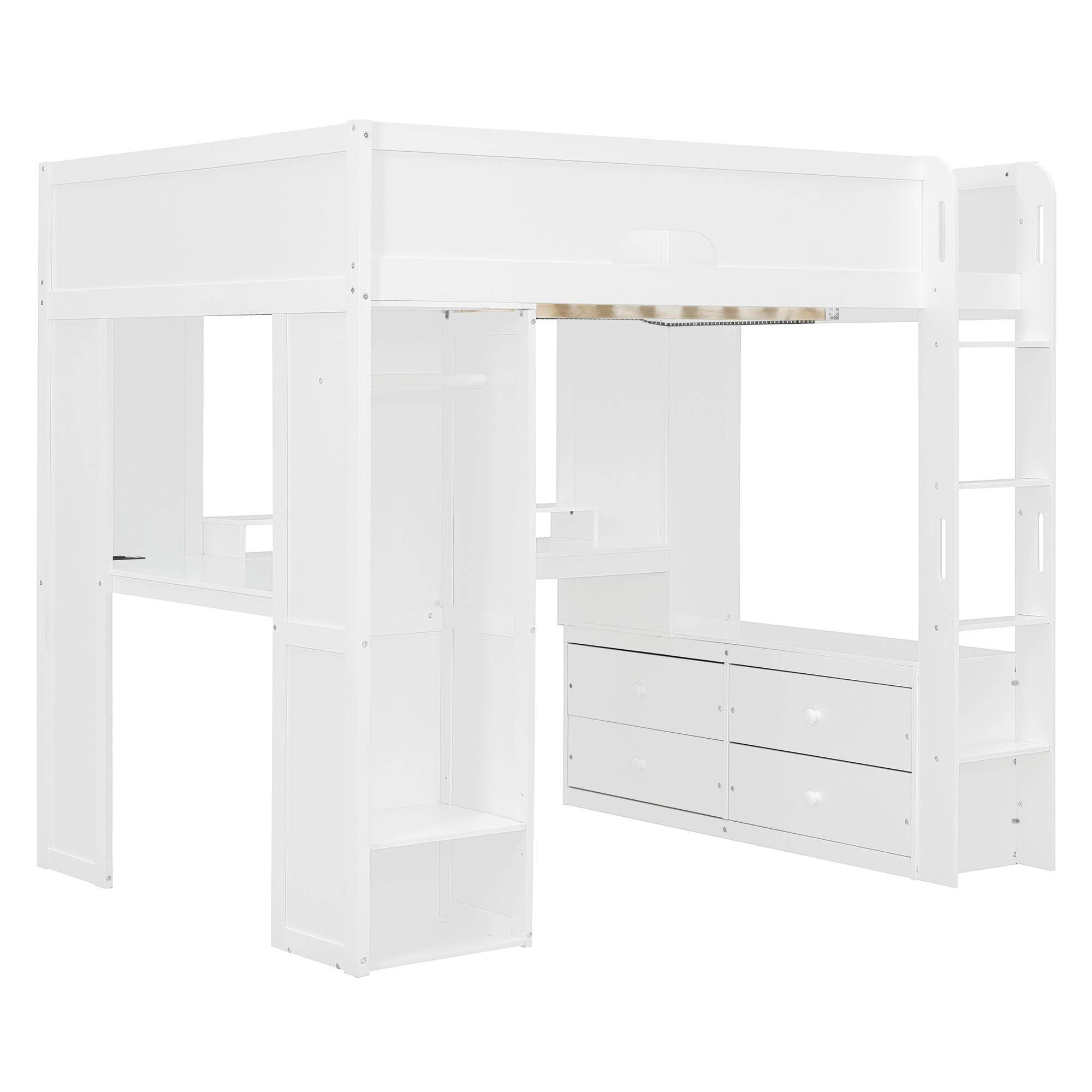 Full Size Solid Wood Loft Bed With L-Shaped Desk, Storage Cabinet and Wardrobe