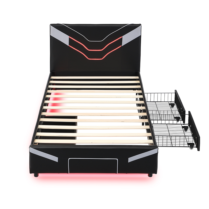 Twin Size Upholstered Gaming Bed Frame with LED Lights