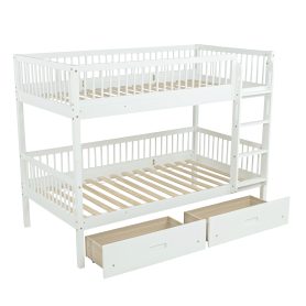 Twin Over Twin Pine Wood Bunk Bed With 2 Drawers, Convertible into 2 Twin Beds