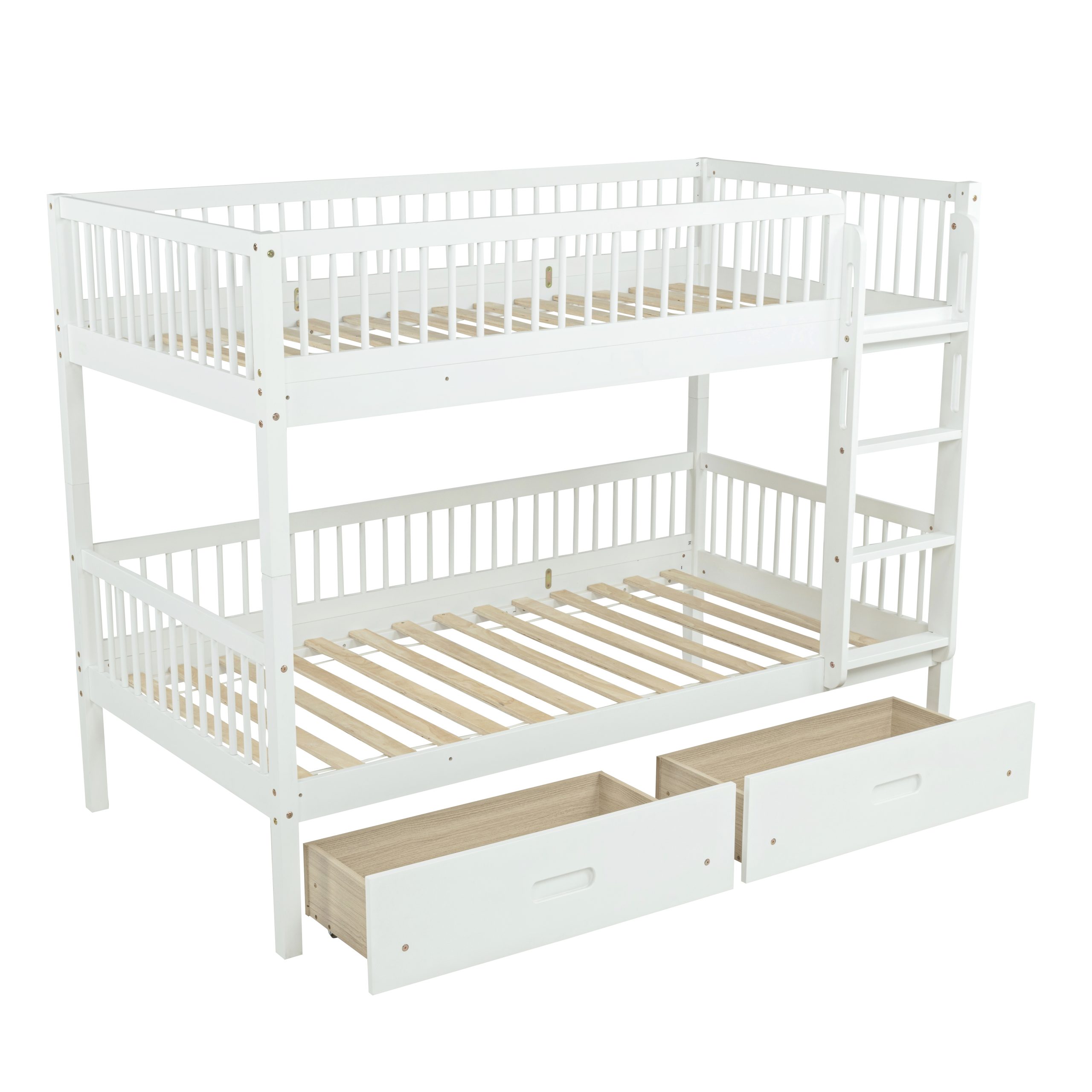Twin Over Twin Pine Wood Bunk Bed With 2 Drawers, Convertible into 2 Twin Beds