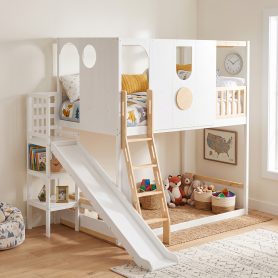 Twin Size Kids Loft Bed With Slide, Storage Shelves And Guardrails