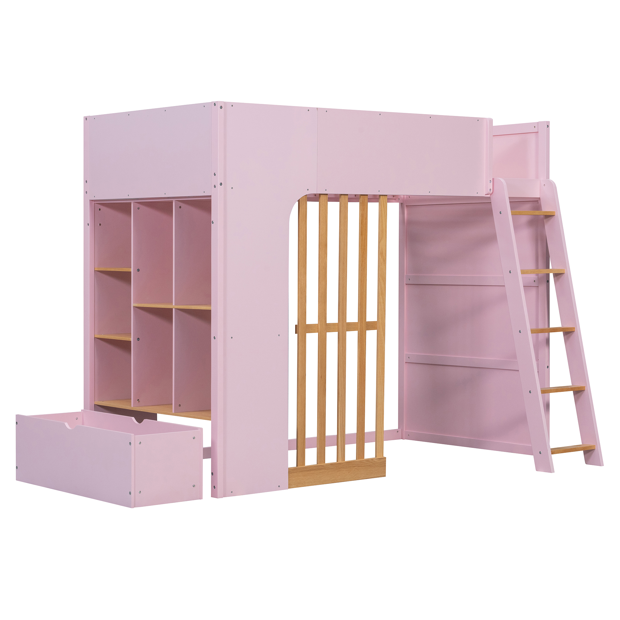 Twin Size Wooden High Sleeper Loft Bed with Ladder and Storage Shelves
