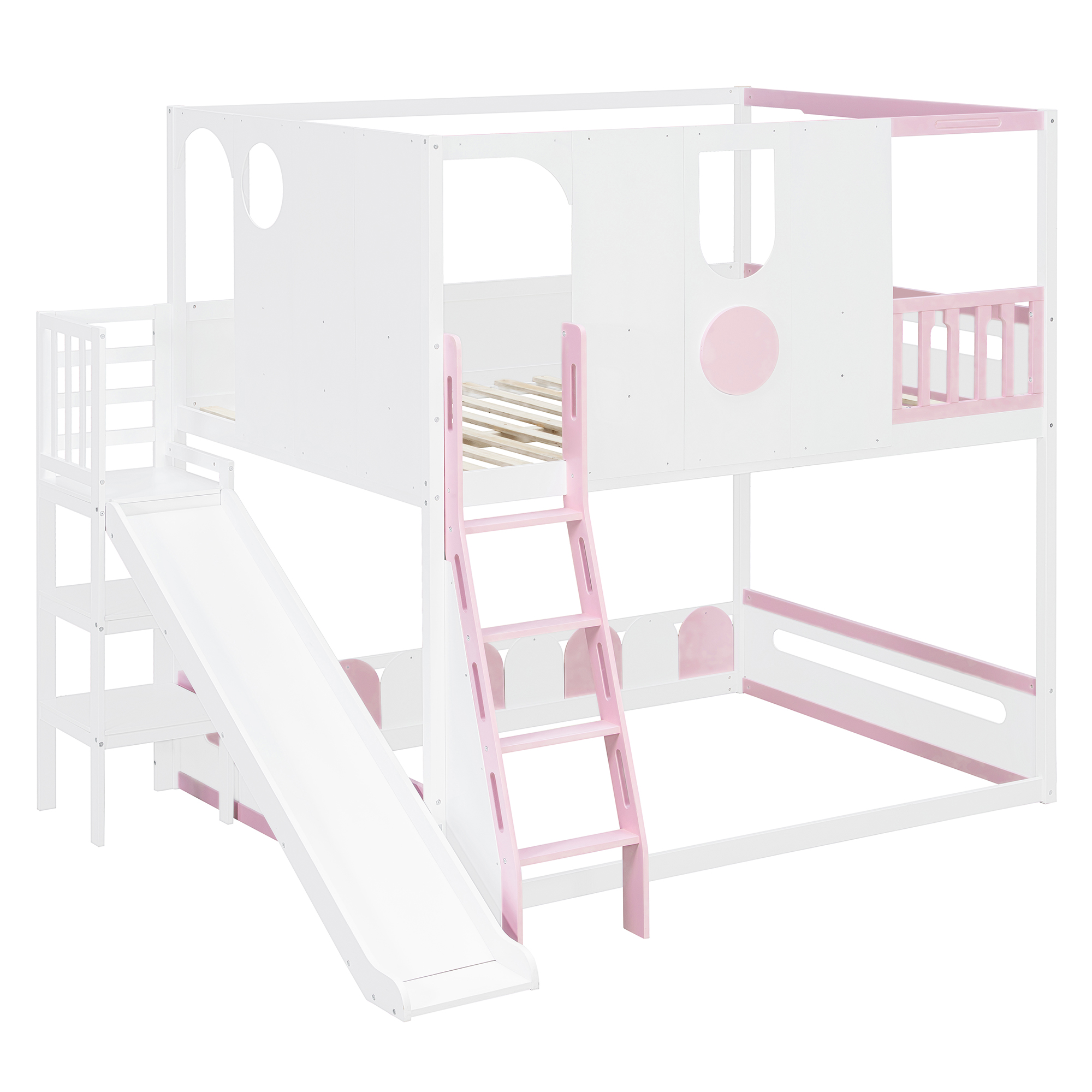 Full Size Kids Loft Bed With Slide, Storage Shelves And Guardrails