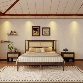 Queen Size Solid Wooden Bed with Rattan Headboard
