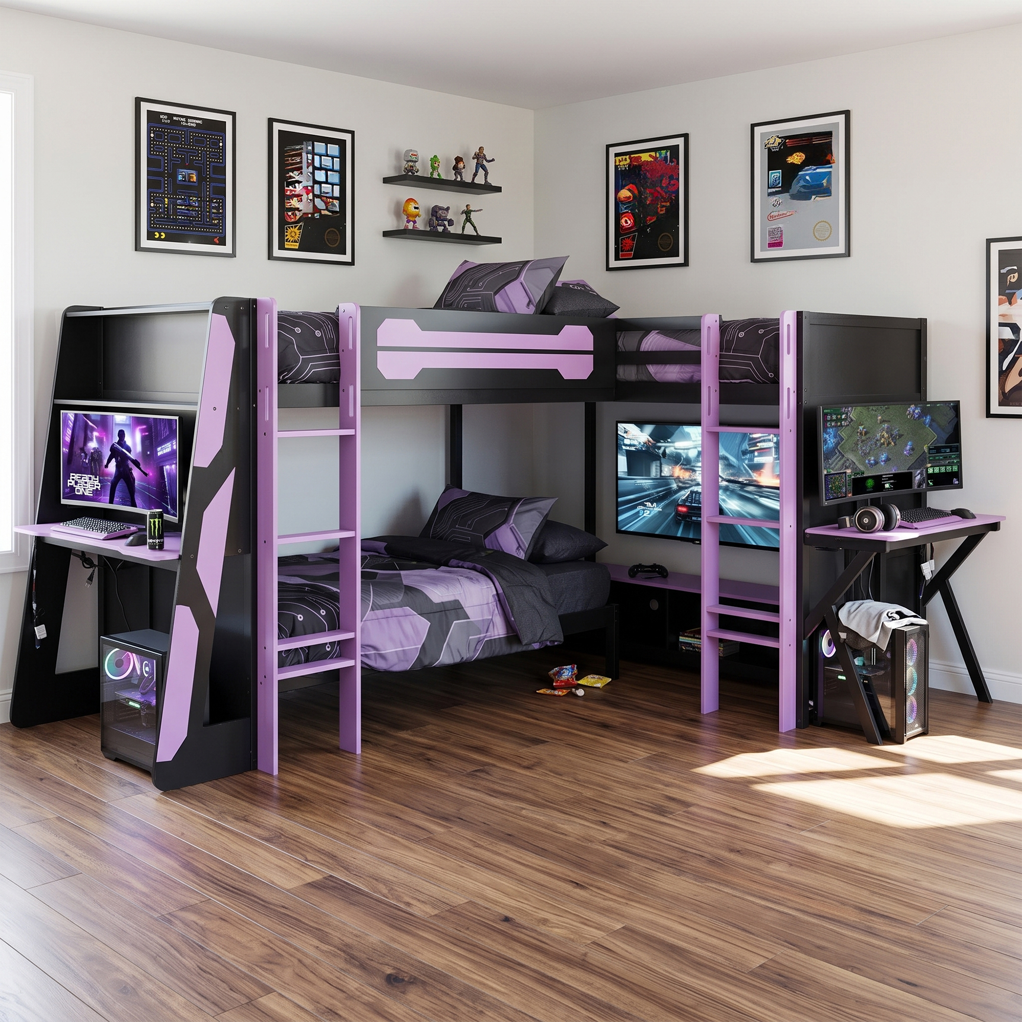 L-Shaped Wooden Twin Size Gaming Bed Frame with RGB LED Lights, USB Ports, TV Stand & Storage Shelves
