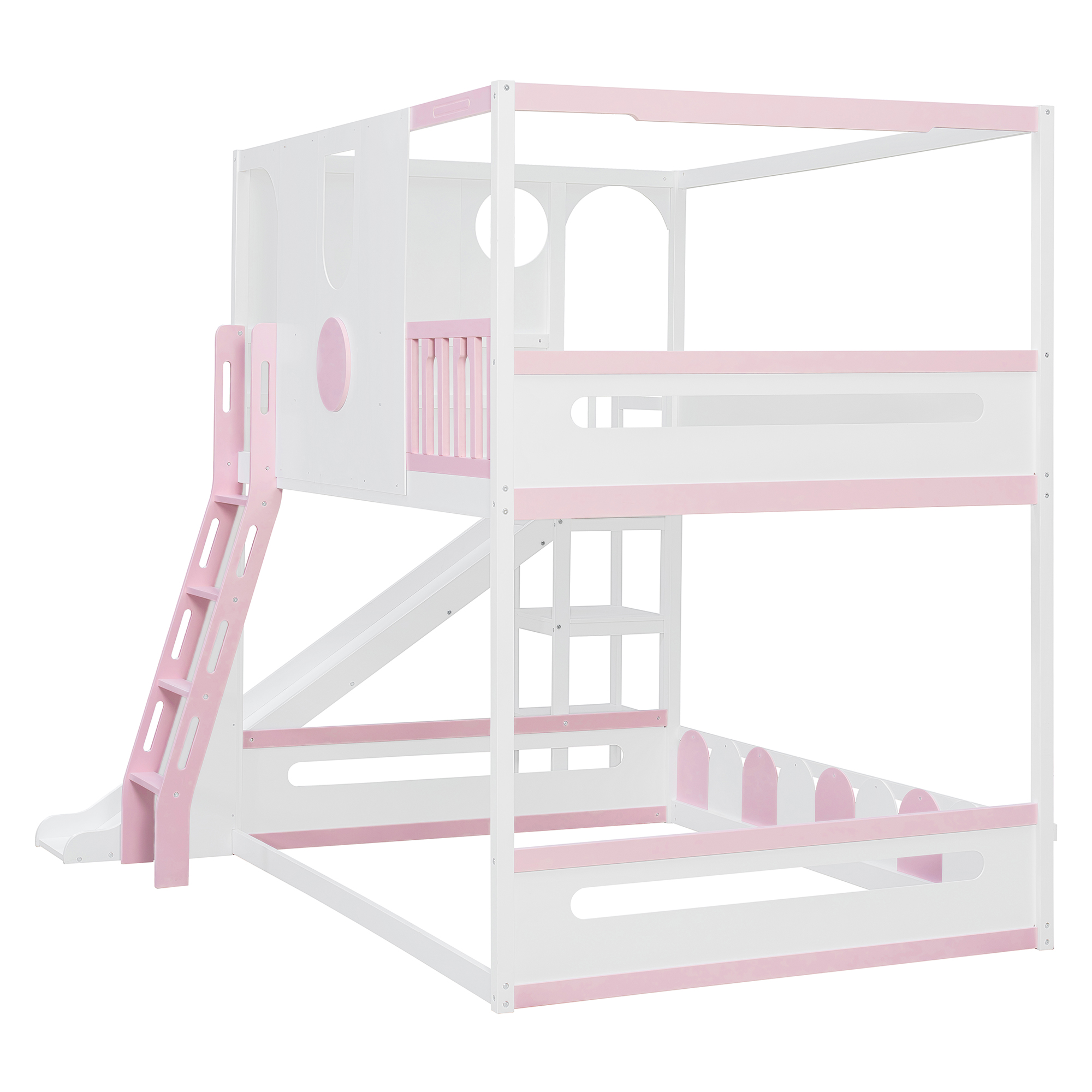 Full Size Kids Loft Bed With Slide, Storage Shelves And Guardrails