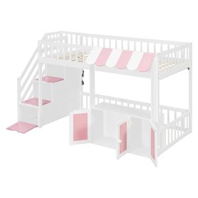 Twin Size Loft Bed with Storage Steps, LED Light, Under Bed Cabinets