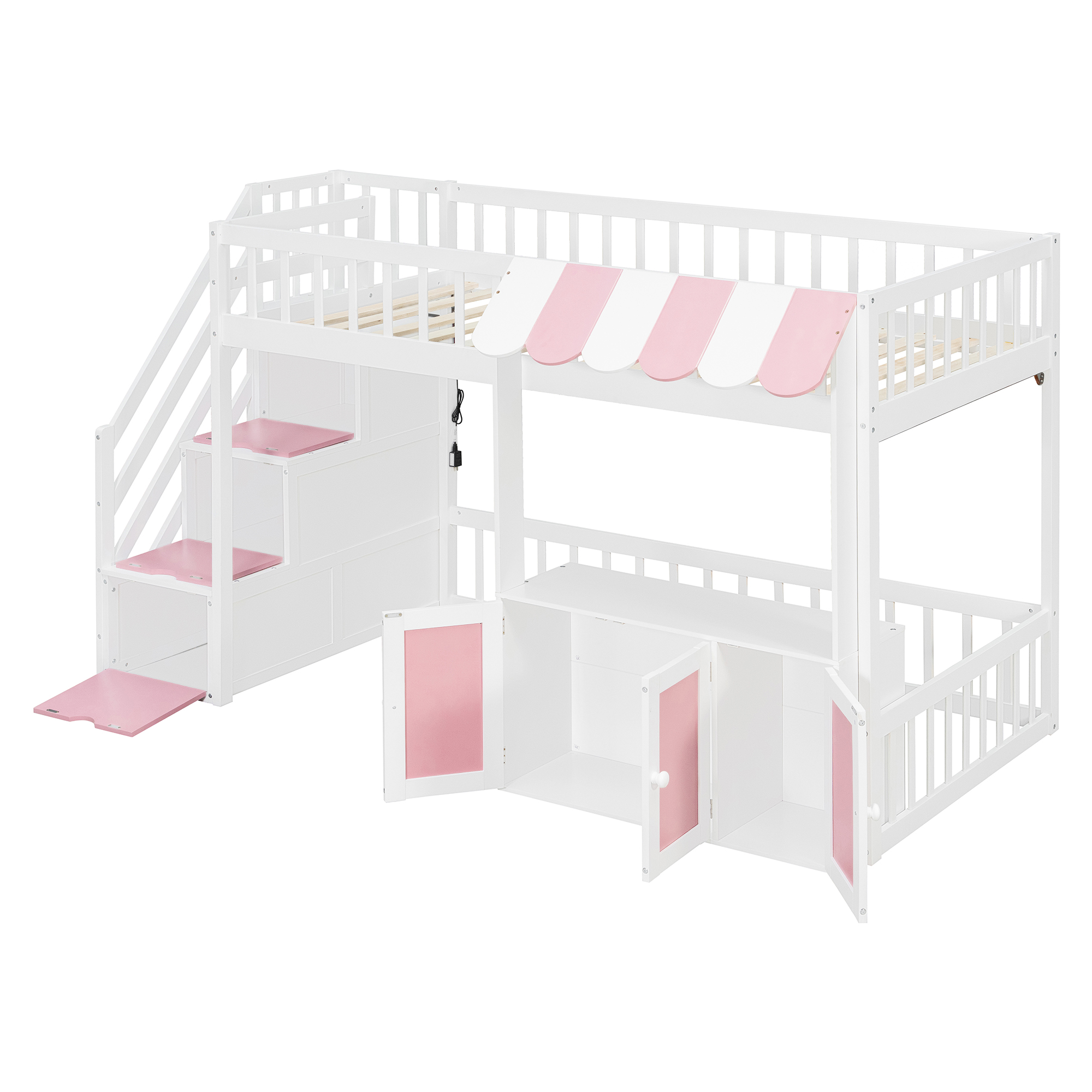 Twin Size Loft Bed with Storage Steps, LED Light, Under Bed Cabinets