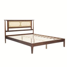 Queen Size Solid Wooden Bed with Rattan Headboard