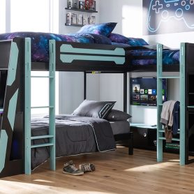 L-Shaped Wooden Twin Size Gaming Bed Frame with RGB LED Lights, USB Ports, TV Stand & Storage Shelves