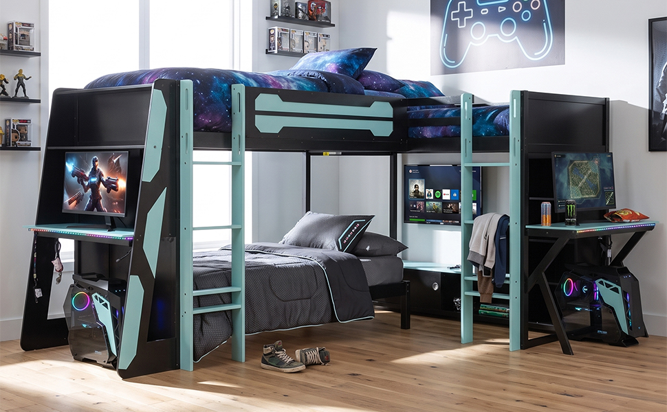 L-Shaped Wooden Twin Size Gaming Bed Frame with RGB LED Lights, USB Ports, TV Stand & Storage Shelves