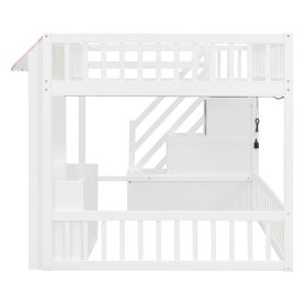 Full Size Loft Bed with Storage Steps, LED Light, Under Bed Cabinets