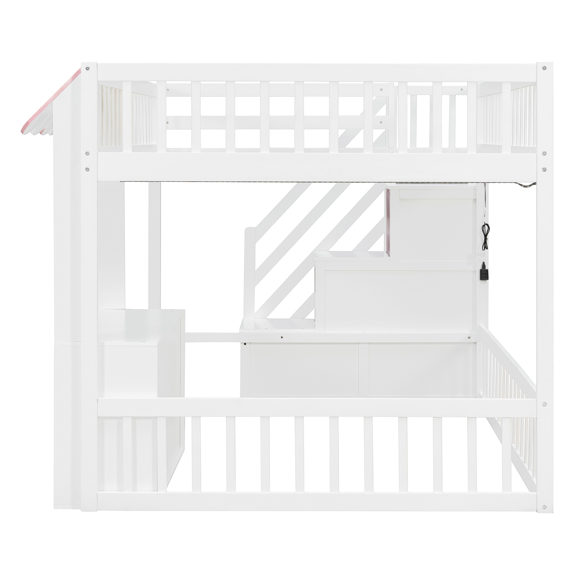 Full Size Loft Bed with Storage Steps, LED Light, Under Bed Cabinets