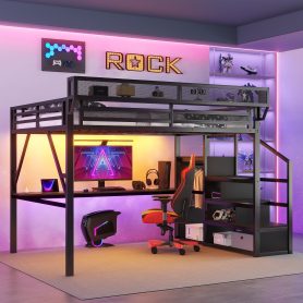 Metal Queen Size Loft Bed With Desk, Charging Station, Stairs And Light