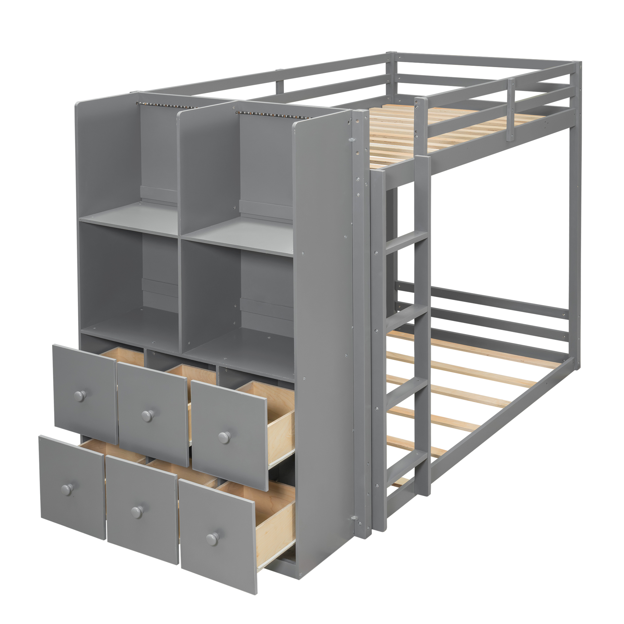 Twin Size Bunk Bed with Drawers, Shelves and Light