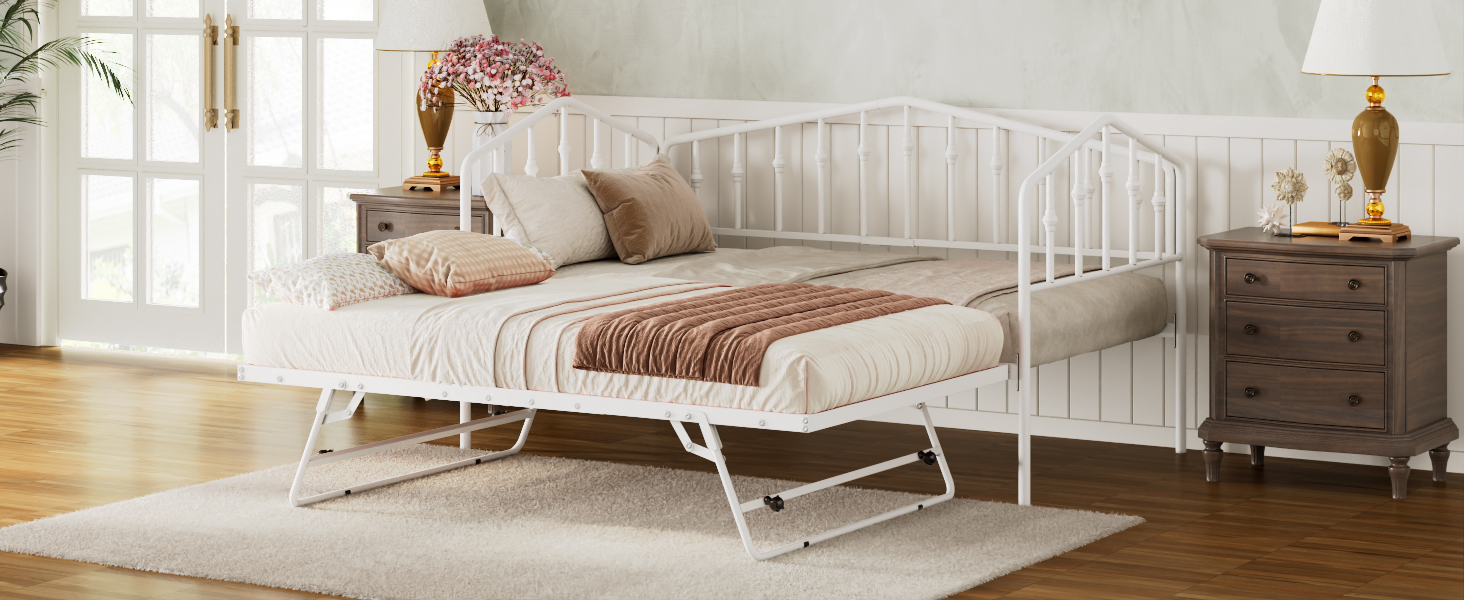 Twin Size Stylish Metal Daybed with Twin Size Adjustable Trundle