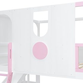 Full Size Kids Loft Bed With Slide, Storage Shelves And Guardrails