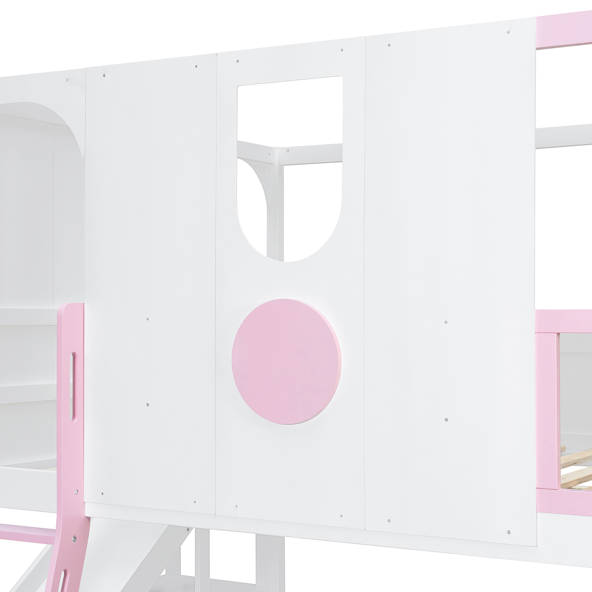 Full Size Kids Loft Bed With Slide, Storage Shelves And Guardrails