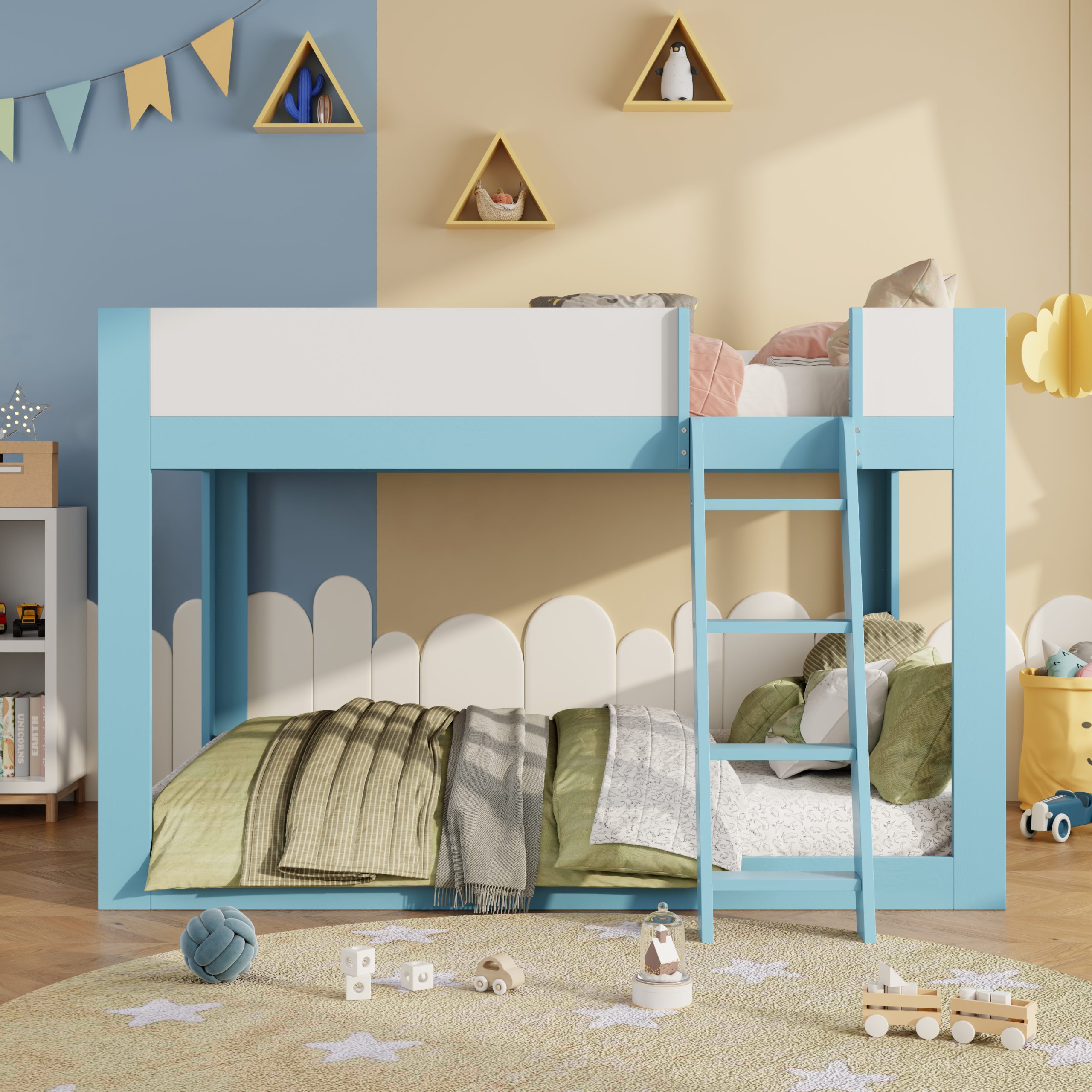 Queen Size Low Convertible Bunk Bed With Reversible Ladder And Safety Guardrails