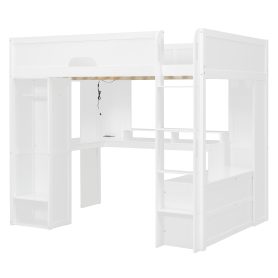 Full Size Solid Wood Loft Bed With L-Shaped Desk, Storage Cabinet and Wardrobe