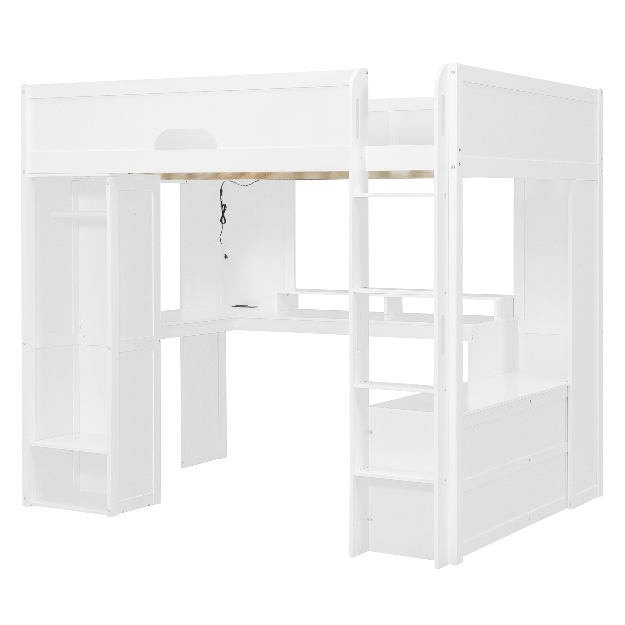 Full Size Solid Wood Loft Bed With L-Shaped Desk, Storage Cabinet and Wardrobe