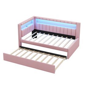 Upholstered Twin Size Platform Bed with Trundle, USB Ports and LED Belt