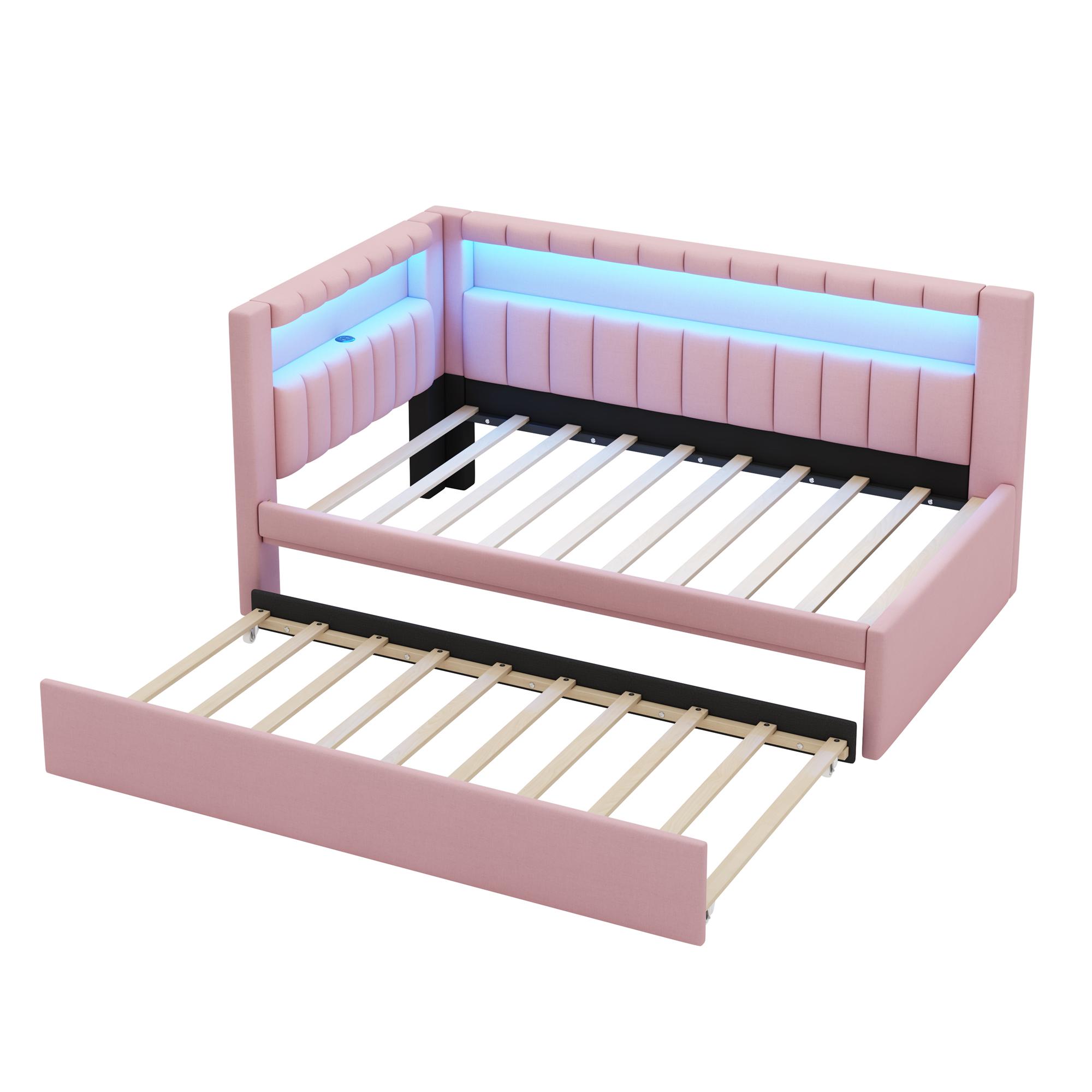 Upholstered Twin Size Platform Bed with Trundle, USB Ports and LED Belt