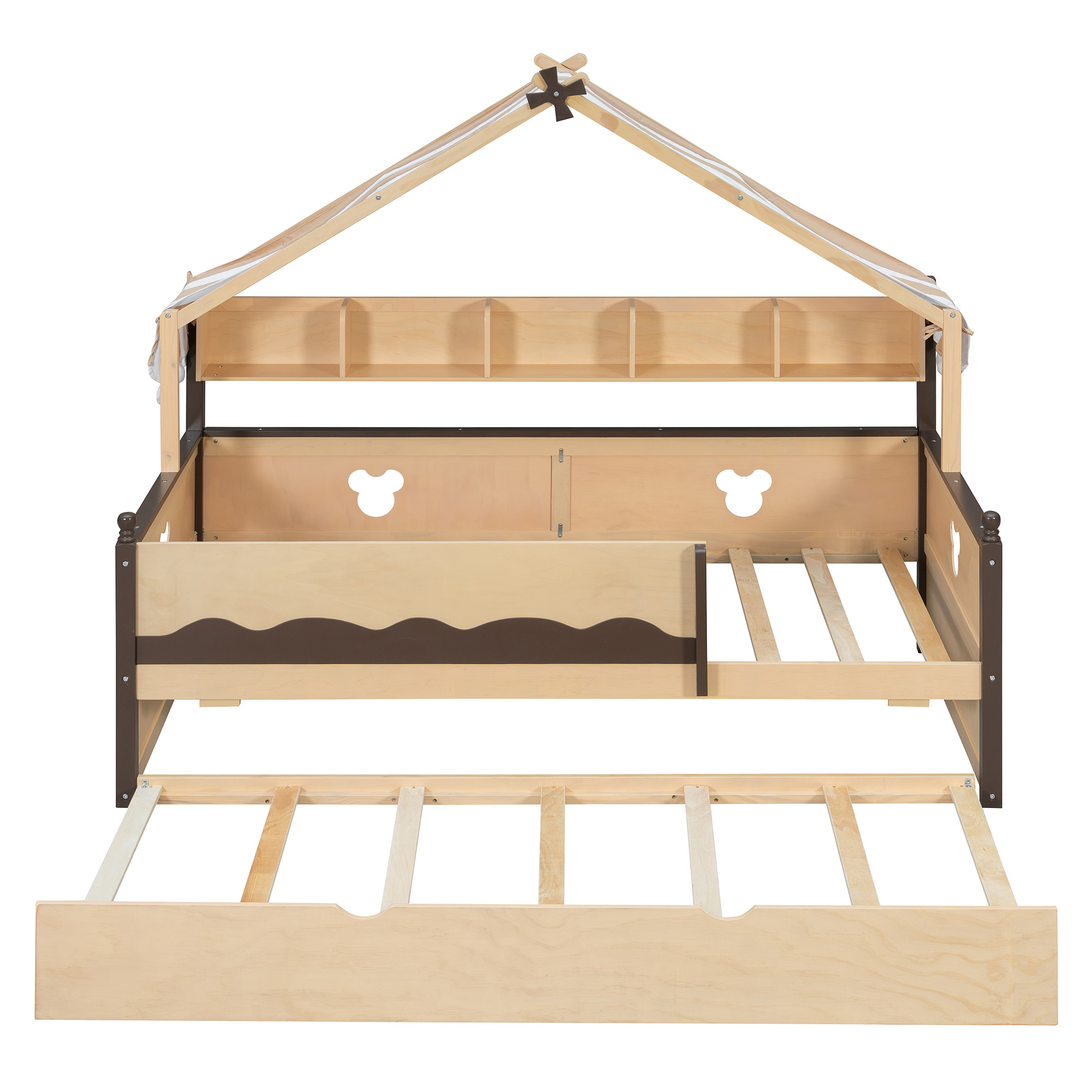 Twin Size House-Shaped Daybed with Built-In Bookshelf and Trundle