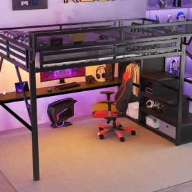 Metal Queen Size Loft Bed With Desk, Charging Station, Stairs And Light