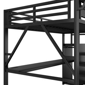 Metal Queen Size Loft Bed With Desk, Charging Station, Stairs And Light