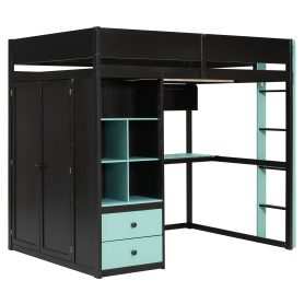 Full Size Solid Wood Loft Bed with Desk, Storage Cabinet and Wardrobe