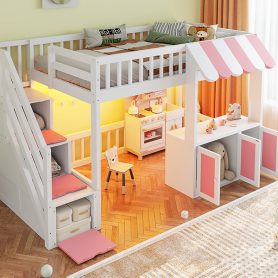 Twin Size Loft Bed with Storage Steps, LED Light, Under Bed Cabinets