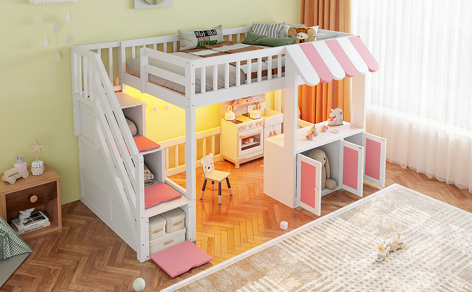 Twin Size Loft Bed with Storage Steps, LED Light, Under Bed Cabinets